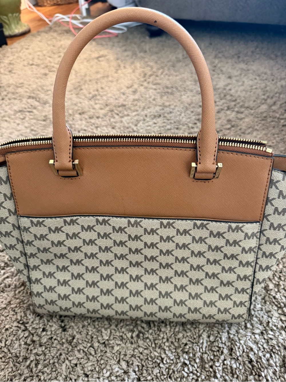 Michael Kors Tan and Beige MK Logo Satchel - Picture 3 of 5